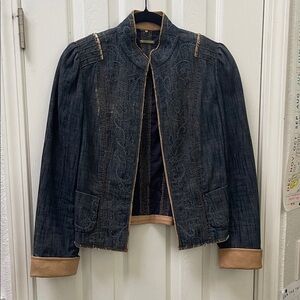 Elie Tahari Embroidered Denim Jacket with Tan Leather Accents